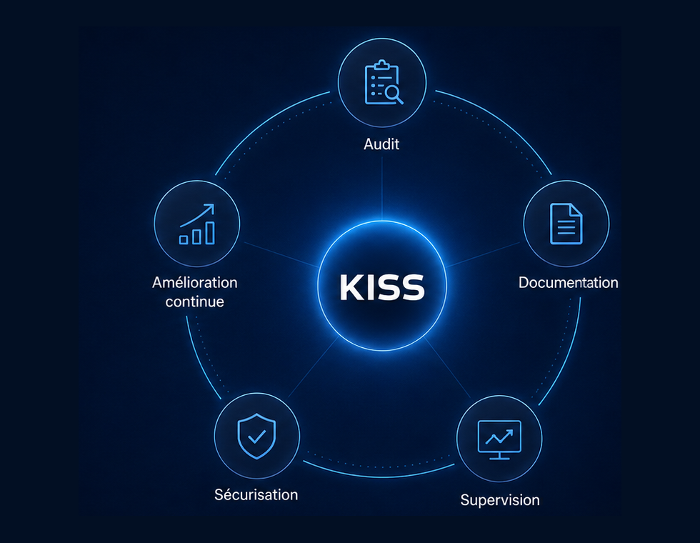 Schéma de la méthode KISS : audit, documentation, supervision, sécurisation, amélioration continue